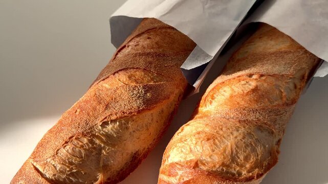 Two traditional freshly baked, crusty French bread baguette sticks in store paper wrappers, ready to eat.