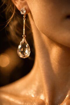 Detailed jewelry shot reveals faceted crystal drop earring on model ear