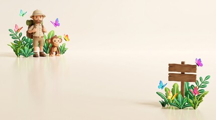 Fototapeta premium Cute teddy bears with backpack exploring colorful garden path