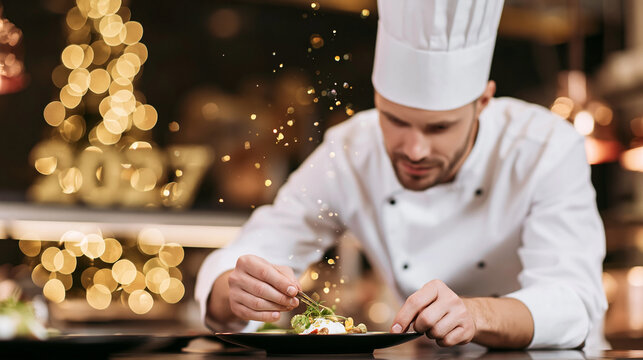 Chef garnishing a gourmet dish with tweezers, adding finishing touches and sprinkles to fine dining food