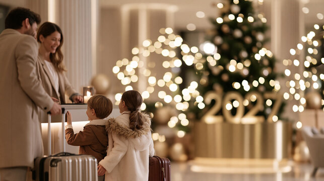 Family checking in at hotel reception during new year holiday, celebrating 2027 arrival with festive decorations