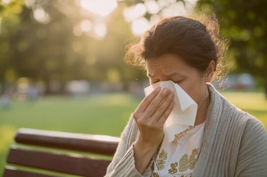 Mature woman sitting on a park bench sneezing into a tissue due to seasonal allergies