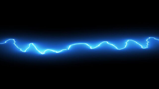 Electric blue lightning energy wave glowing on black background, dynamic neon electric current effect, abstract power, electricity, storm, technology and motion graphics.