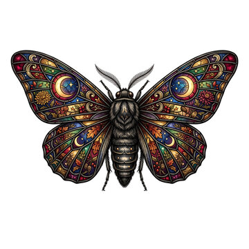 Colorful moth illustration with celestial moon and star pattern transparent background