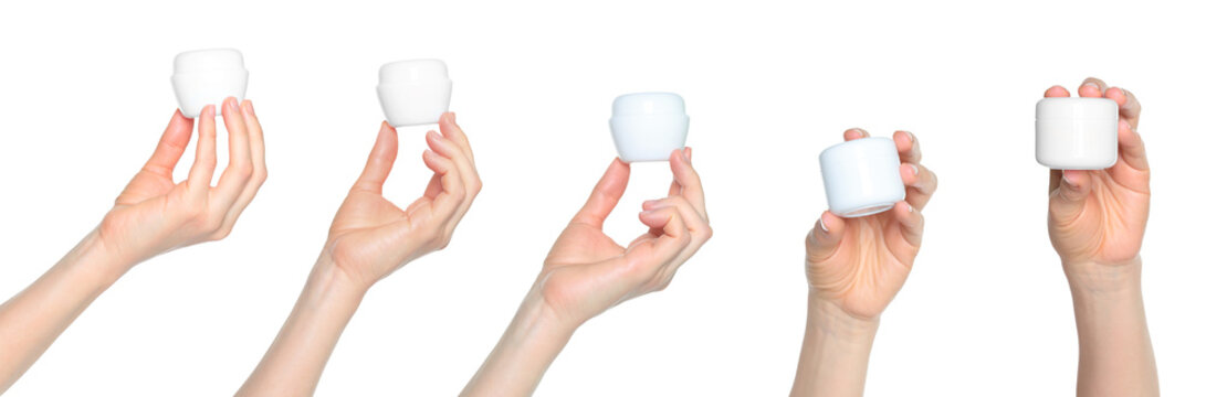 Set of Woman Hands which holding the White Cosmetic Cream Jar, isolated on transparent background, template for cosmetics ads