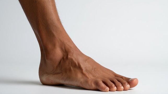 Close-up of healthy male foot standing on white background, lateral view showcasing ankle, toes