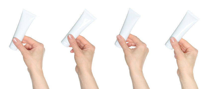 Set of Woman Hands which holding the White Cosmetic Cream Tube, on transparent background, template for cosmetics ads
