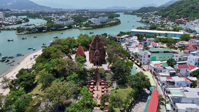 Ancient Cham Ponagar (Po Nagar) towers on Cai river bank in Nha Trang, Vietnam.