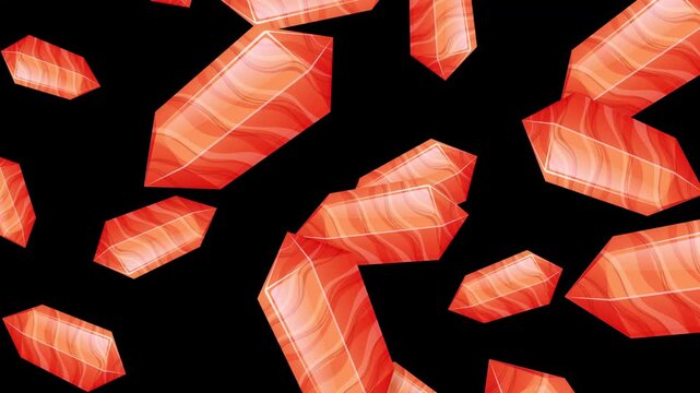Red Crystalline Objects Falling Against a Solid Black Background