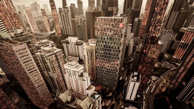 kuala lumpur cyberpunk city with overlayed code and data on the buildings