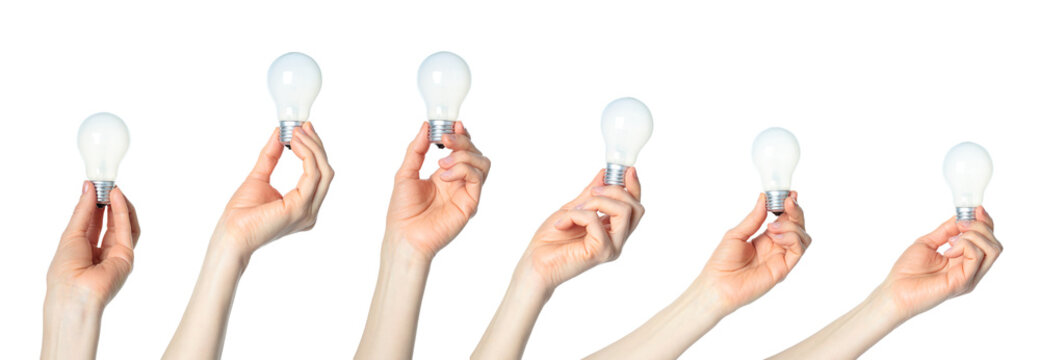 Set of Hands holding a light bulb, symbol of idea, innovation, and electricity, isolated on transparent background. Perfect for creative, business, and energy design projects