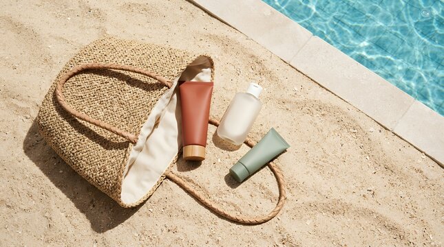 Summer skincare essentials in straw beach bag, sun protection cosmetic tubes on sand, luxury poolside beauty products