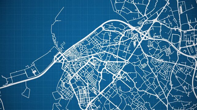Ink reveal animation of Aveiro city, Portugal, grid map. Aerial top view. Blueprint style. White lines with blue background. 4K Seamless loop.