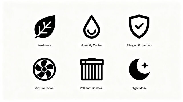 The simple black air purification function icon represents the principles of freshness, humidity control, and allergy removal, and is suitable for promoting the details of air purifier e-commerce.
