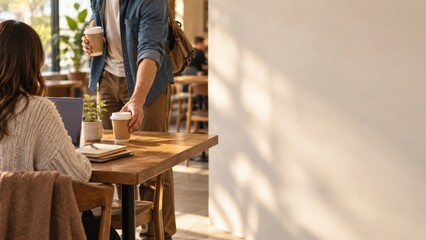 Fototapeta premium Customer Leaving an Extra Takeaway Drink as an Everyday Act of Kindness
