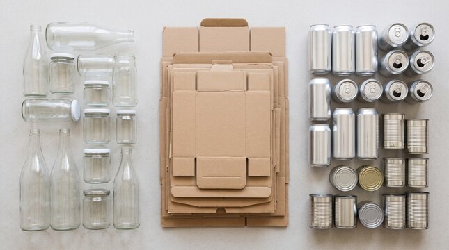 Sorted recyclable waste including glass bottles jars cardboard boxes and metal cans on white surface with metal items neutral background household recyclable materials