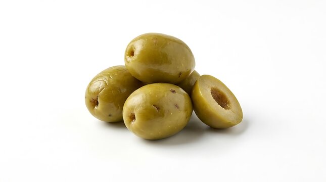 Pile of pitted green olives with one sliced olive isolated on white background olive food mediterranean food culinary
