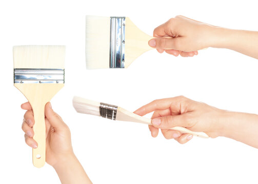 Set of hands holding paint brush for repair and finishing work, isolated on transparent background. Suitable for DIY, construction, and home improvement projects