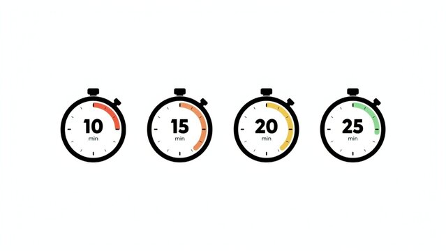 Four stopwatch timers showing 10, 15, 20, 25 minutes