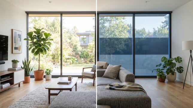 Split view of a modern living room showing clear and tinted smart glass sliding doors with comparison displays living windows left darkened with side side comparison