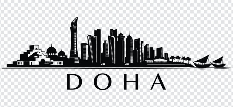 Doha skyline silhouette with traditional boats and palm trees