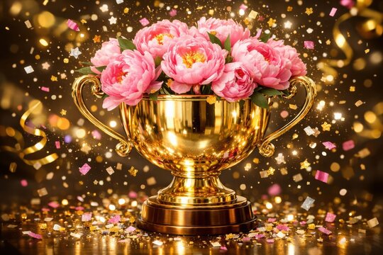 Luxurious celebration concept featuring a gold trophy vase with pink blossoms and sparkles