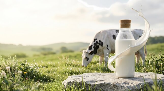 Fresh organic milk bottle on stone platform in sunny pasture with grazing cow