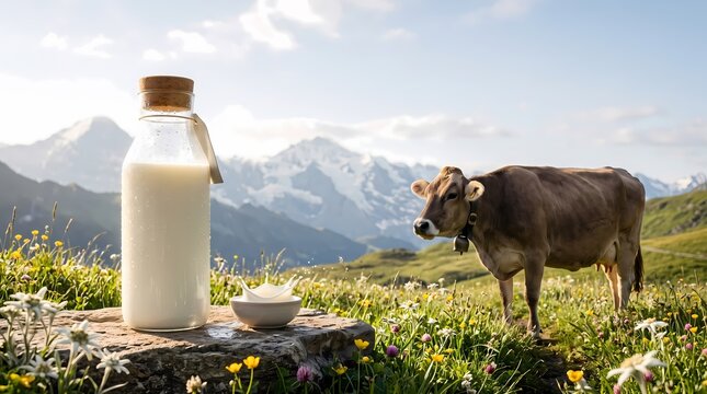 Fresh Organic Milk Bottle on Stone Surface in Alpine Mountain Meadow with Cow