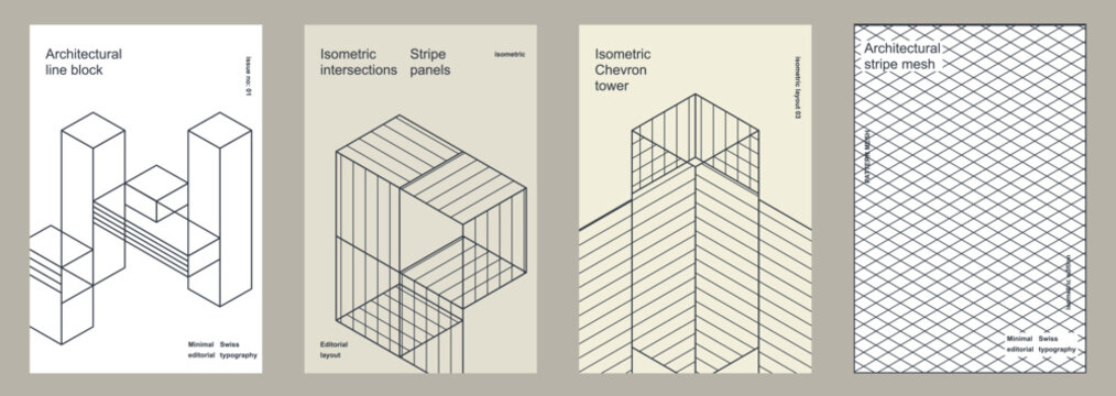 Architectural Isometric Wireframe Poster Set Featuring Modern 3D Geometric Blocks Grid Patterns And Clean Swiss Typography For Editorial Covers