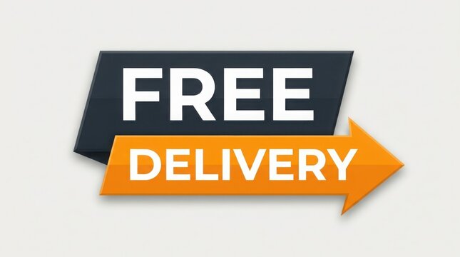 Free Delivery text graphic with orange arrow indicating movement against a neutral background