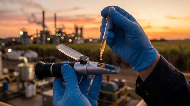 Agronomist testing sugarcane juice quality with an optical refractometer at sunset.