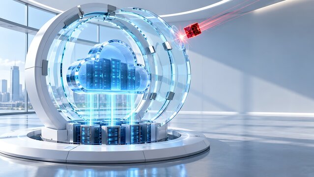 Cloud computing data center with servers and glowing data streams