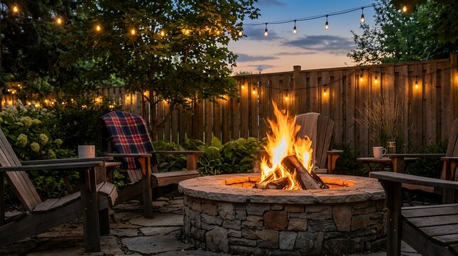 Cozy backyard fire pit with stone seating area illuminated by string lights at dusk.