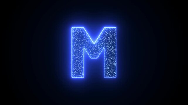 Letter M Glowing Blue Neon Animation with Sparkling Particles