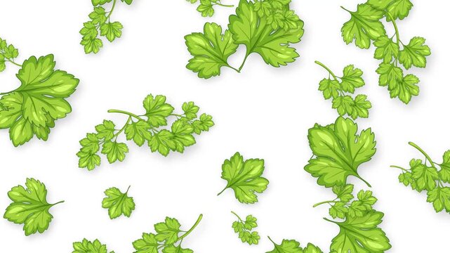 Animation of Fresh Green Parsley Leaves Falling on White Background