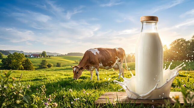 Bottle of fresh milk with a splash on a wooden table in a green meadow with a grazing cow