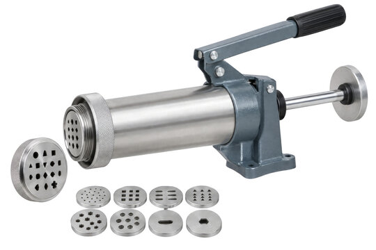Clay extruder, metal barrel, hand operated tool with removable extrusion plate and interchangeable die