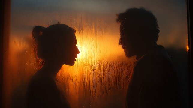 Cinematic silhouette of romantic couple at sunset, intimate man and woman profile through frosted glass, warm golden hour lighting