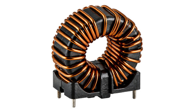 Coiled inductor copper wire winding black magnetic core isolated on transparent background with dramatic lighting and detailed electronic component