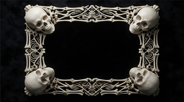 Halloween decorative frame with skulls and bones 3d rendering on black background
