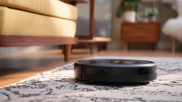 A sleek robot vacuum glides across a patterned rug in a contemporary living space, blending innovation with comfort. The scene highlights convenience and advanced automation in home care