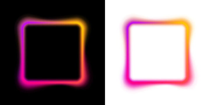 Two glowing square frames emit vibrant gradient colors. The left frame features a soft neon effect with smooth fading edges. The right frame displays a fluid, wavy shape with intense color.