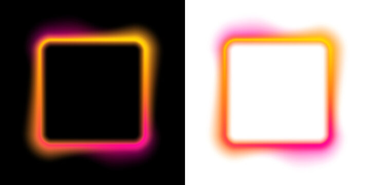Two glowing neon square frames float on a black background. One square emits a soft gradient glow, and the other features a wavy fluorescent border. These vibrant shapes create eye-catching.
