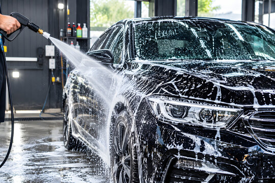 Close up high pressure water spraying soapy foam off black luxury car in auto wash service