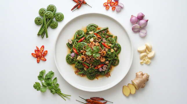 Delicious stir-fried fern shoots surrounded by fresh Thai cooking ingredients