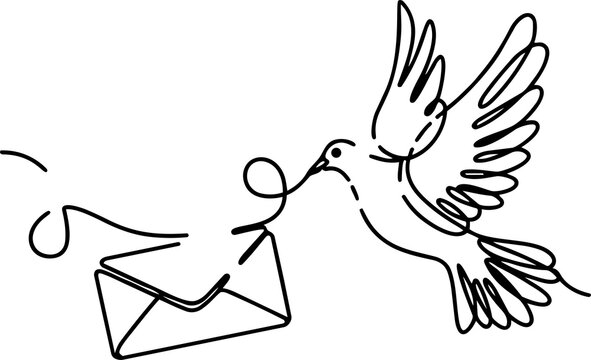 Continuous line drawing of a flying dove holding a letter in its beak