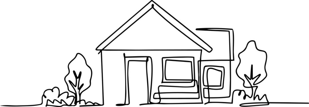 Continuous line art illustration of a cozy suburban house with trees