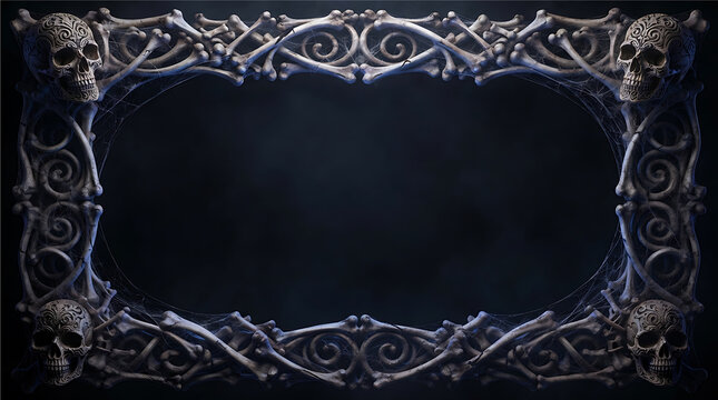 Halloween skeleton frame with skulls and spiderwebs 3d rendering on dark background