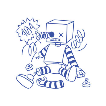 Broken blue robot cartoon character with 404 error sign, mechanical failure and hardware issues vector illustration