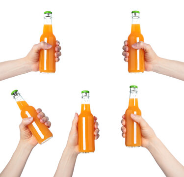Set of Hands holding a glass bottle filled with orange juice, isolated on transparent background. Suitable for food, drink, freshness, citrus, and healthy lifestyle projects